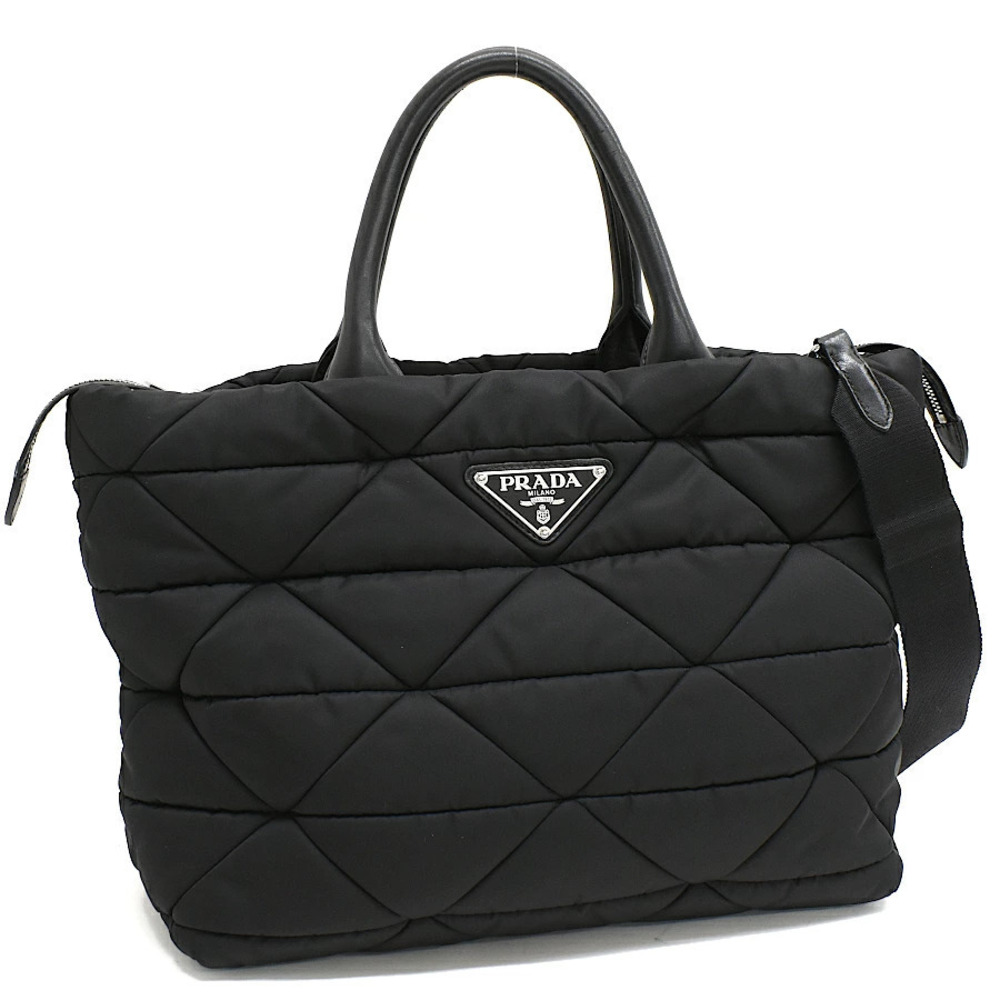 Prada Padded Re Tote Bag Strap Tessuto Quilting Nero Black Triangle Plate
